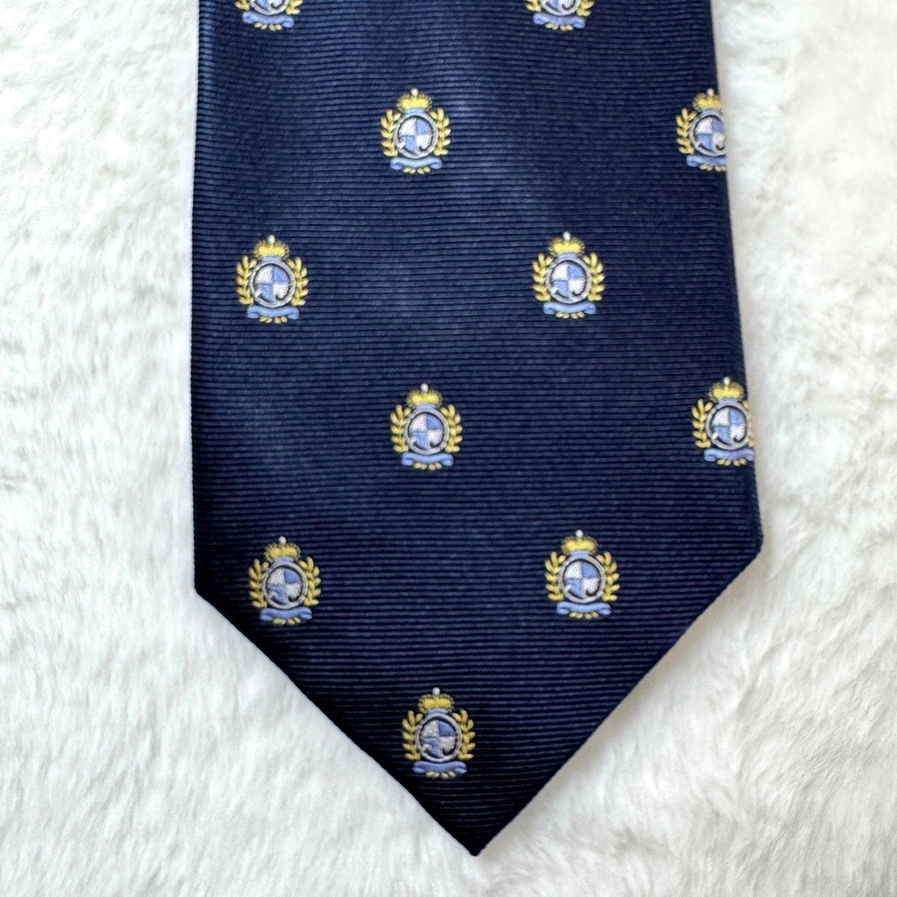Lands End 58" Necktie Men Navy Blue Crest Silk Handsewn Preppy Professional